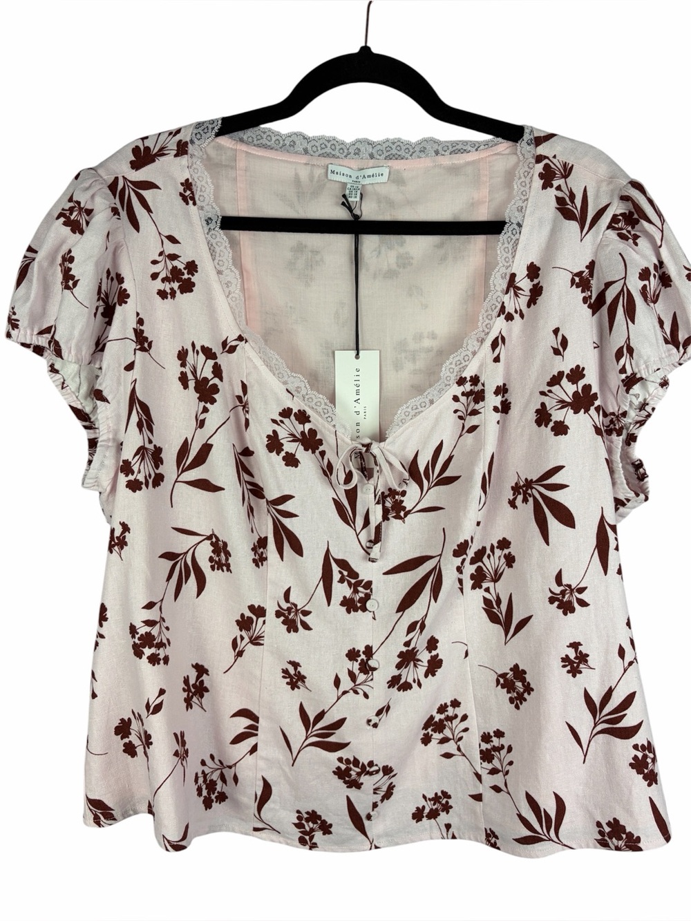 NWT Maison d’Amélie 1X Linen Blend Floral Lace Puff Sleeve Blouse